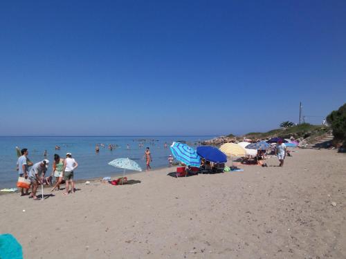 a group of people on a beach with umbrellas at Panorama in Skafidia