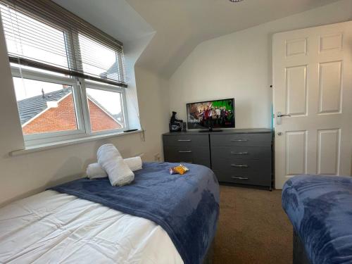 a bedroom with a bed and a tv and a window at Modern,Cosy Flat near QE Hospital&Uni of Birminghm in Birmingham