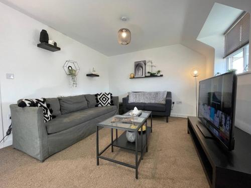 a living room with a couch and a tv at Modern,Cosy Flat near QE Hospital&Uni of Birminghm in Birmingham