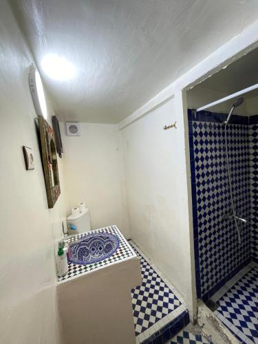 a bathroom with a shower and a blue and white tile floor at Dar Atlantic in Fès
