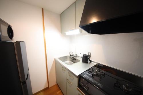 a small kitchen with a stove and a sink at goom Hotel Nakasu JOJO in Fukuoka