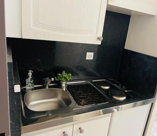 Il comprend une cuisine équipée d'un évier et d'une cuisinière. dans l'établissement Magnan et ses plages de la Promenade des Anglais, à Nice