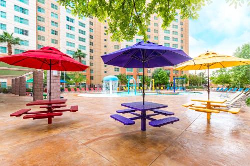 three picnic tables with umbrellas in a park at The Grandview at Las Vegas in Las Vegas