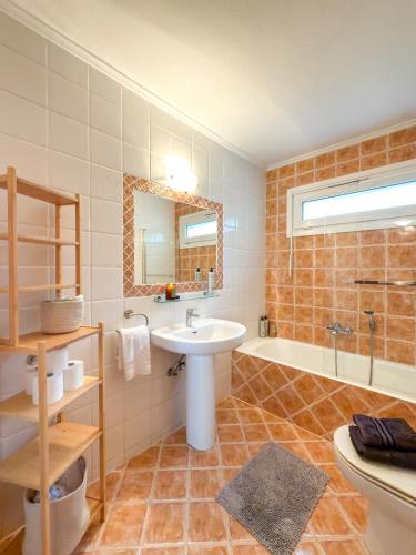 a bathroom with a sink and a mirror and a tub at Olympus Serenity Villa in Litochoro