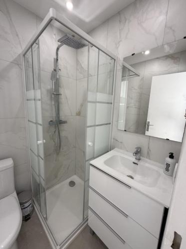 une salle de bain avec une douche, un lavabo et des toilettes dans l'établissement New Studio Swimming pool Beach 10 min walk, à Villeneuve-Loubet