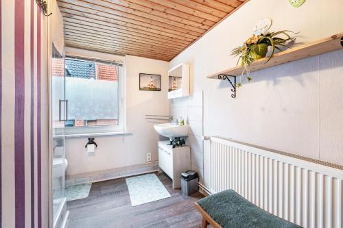 a bathroom with a sink and a toilet and a window at Altstadt Ferienhaus mit Terrasse in Husum