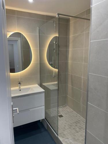 une salle de bain avec une douche en verre et un lavabo dans l'établissement Bel appartement Fragonard, à Charenton-le-Pont