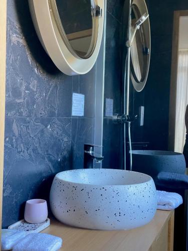 La salle de bains est pourvue d'un lavabo rond et d'un miroir. dans l'établissement 