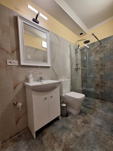 a bathroom with a sink and a toilet and a shower at Studio Apart Near Prague Airport in Tuchoměřice