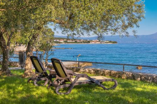 two chairs sitting in the grass next to a lake at Hotel Vila Rova in Malinska