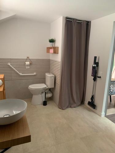 une salle de bain avec toilettes et rideau de douche dans l'établissement L'étape de Marcel - Aymé, à Avoine