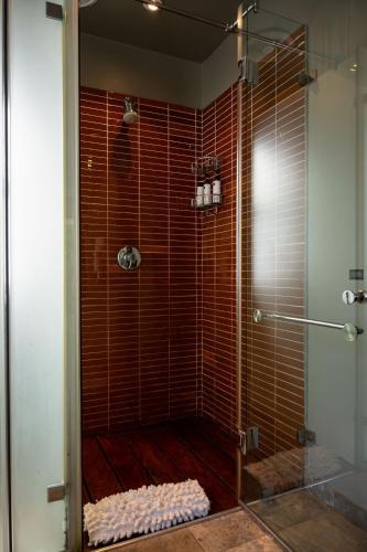 a bathroom with a shower with red tiles at Majeka House Boutique Hotel by The Living Journey Collection in Stellenbosch