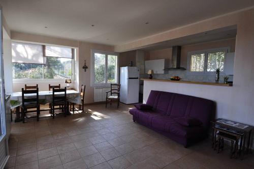Il comprend un salon avec un canapé violet et une cuisine. dans l'établissement Villa, 3 chambres, vue mer, wifi, jardin, tout confort, à La Seyne-sur-Mer
