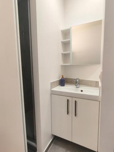 une salle de bain blanche avec un lavabo et un miroir dans l'établissement Appartement romantique Tour Eiffel à vos pieds, à Paris