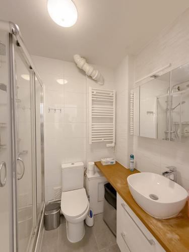 une salle de bain blanche avec des toilettes et un lavabo dans l'établissement Charmant 2P à Montrouge Wi-Fi & confort, à Montrouge