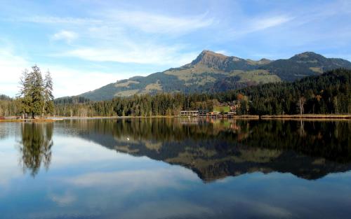 a view of a lake with a mountain in the background at Appartement Bergtraum in Kirchberg in Tirol