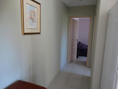un couloir avec un tableau accroché au mur et une porte dans l'établissement T2, rez de villa avec piscine, à Afa