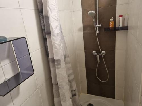 une salle de bain avec une douche avec un rideau de douche dans l'établissement T2, rez de villa avec piscine, à Afa