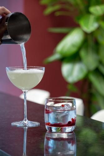a person pouring a drink into a martini glass at Athens Key Hotel, Trademark Collection by Wyndham in Athens
