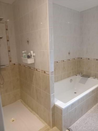 une salle de bain avec baignoire dans une chambre dans l'établissement Villa calme avec piscine Luberon, à La Roque-dʼAnthéron