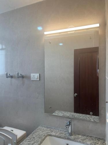 a bathroom with a sink and a large mirror at Pacific Parlase in Leh