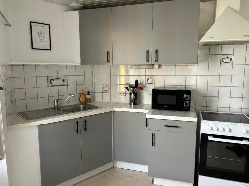 une cuisine avec des armoires blanches, un évier et un micro-ondes dans l'établissement Idéal famille - Proche sites touristiques, à Moncoutant