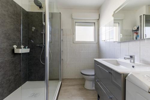 une salle de bain avec une douche, un lavabo et des toilettes dans l'établissement Le Rep'air vosgien - Proche Stations de Ski, à Gérardmer