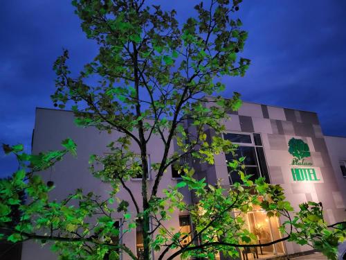 a building with a tree in front of it at Hotel Platan in Ostrów Wielkopolski