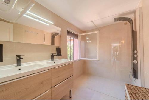 une salle de bain avec un lavabo, un miroir et une douche dans l'établissement Face à la mer, à Théoule-sur-Mer