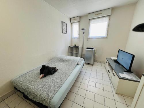 une salle d'hôpital avec un lit et une télévision dans l'établissement Magnan et ses plages de la Promenade des Anglais, à Nice