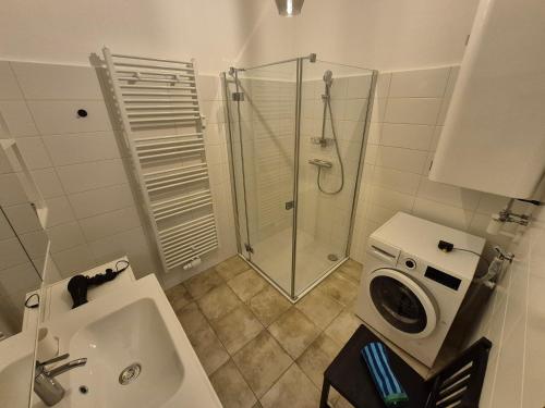a bathroom with a shower and a washing machine at appartement bumblebee in Sankt Lambrecht