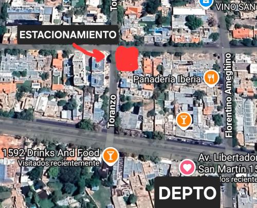 a map showing the approximate location of the apartment complex at Cómodo departamento 2 dormitorios con jardín sobre Avenida Libertador in San Juan