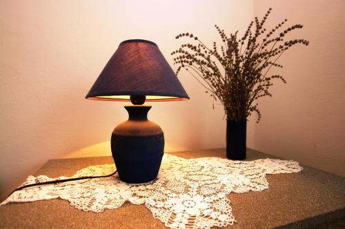 a lamp sitting on a table next to a vase at Apartments Dvorski in Mandre