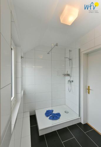 a bathroom with a shower with a glass door at Ferienhaus Caterlieschen Ferienwohnung 2 in Juist