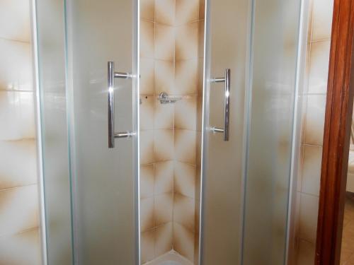 y baño con ducha y puertas de cristal. en Apartment Studio Antonia, en Medulin