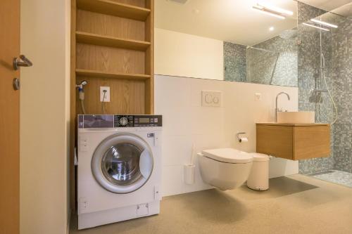 a bathroom with a washing machine and a toilet at Edelweiss Ferienwohnung, Vista Flem in Flims