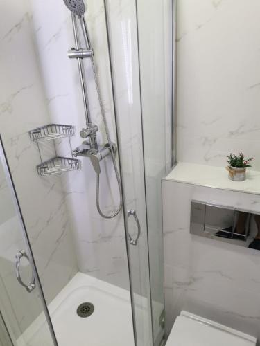 une douche avec une porte vitrée à côté des toilettes dans l'établissement Cozy studio with sea view, swimming pool and greenery, à Cannes