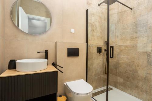LinardićiにあるVilla Terraのトイレ、洗面台、鏡を備えたバスルーム