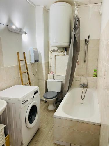 une salle de bain avec machine à laver et toilettes dans l'établissement Le Noeud de Bois, à Orléans