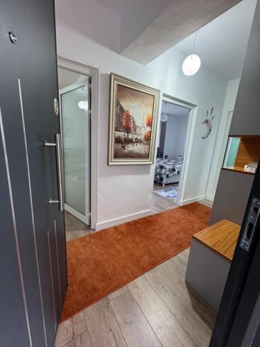 a living room with a door and a painting on the wall at Newly renovated 1 bedroom Flat in Tepelenë in Tepelenë