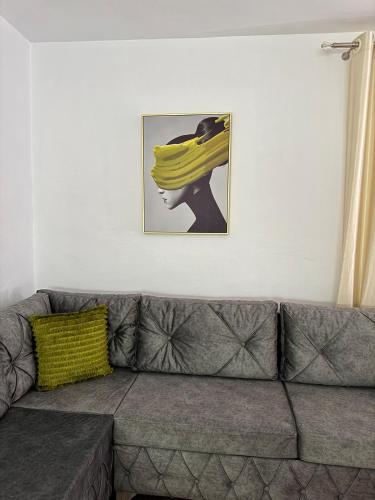 a couch in a living room with a picture on the wall at Newly renovated 1 bedroom Flat in Tepelenë in Tepelenë