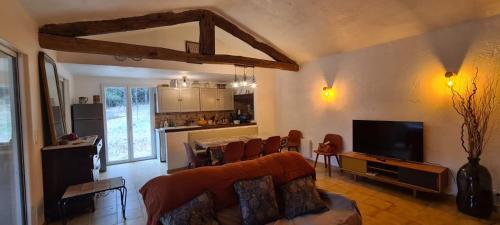 un salon avec un canapé et une télévision et une cuisine dans l'établissement Les bichons, à Valderoure