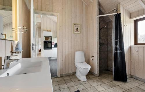 a bathroom with a toilet and a sink and a shower at Pet Friendly Home In Sydals With Sauna in Neder Lysabild