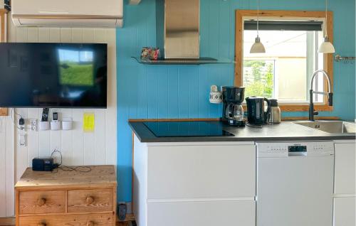 a kitchen with blue walls and a counter top at Amazing Home In Aabenraa in Aabenraa
