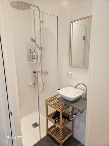 un bagno con lavandino e doccia di Acogedora casa en primera línea de mar Cadaqués a Cadaqués