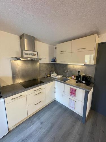 une cuisine avec des armoires blanches et des appareils en acier inoxydable dans l'établissement Charmant 2 pièces très bien situé, au Cap d'Agde