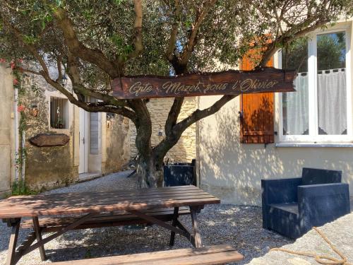 a wooden bench sitting in front of a tree at Les Gîtes sous l' Olivier en Camargue in Vauvert
