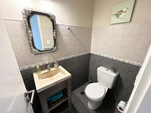 a bathroom with a toilet and a sink and a mirror at Casa Marina - Casa frente a Luna Roja en Chapadmalal para 8 PAX - Hola Sur in Chapadmalal