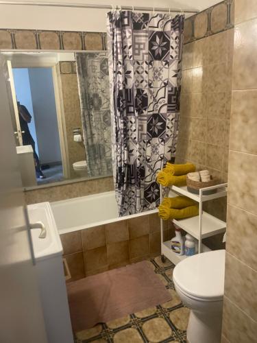 un baño con inodoro y cortina de ducha en Studio 112, en Niza