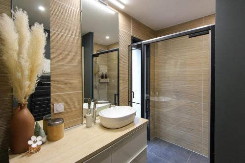 une salle de bain avec un lavabo blanc et une douche dans l'établissement Villa rosalie L'Isle-sur-la-Sorgue, à LʼIsle-sur-la-Sorgue